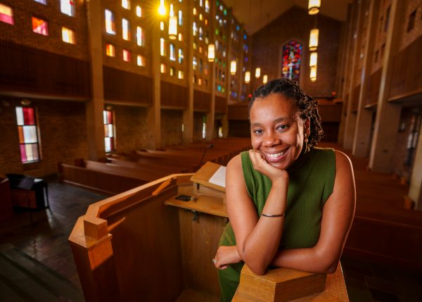 Rev. Jen Bailey stands in Benton Chapel at Vanderbilt 